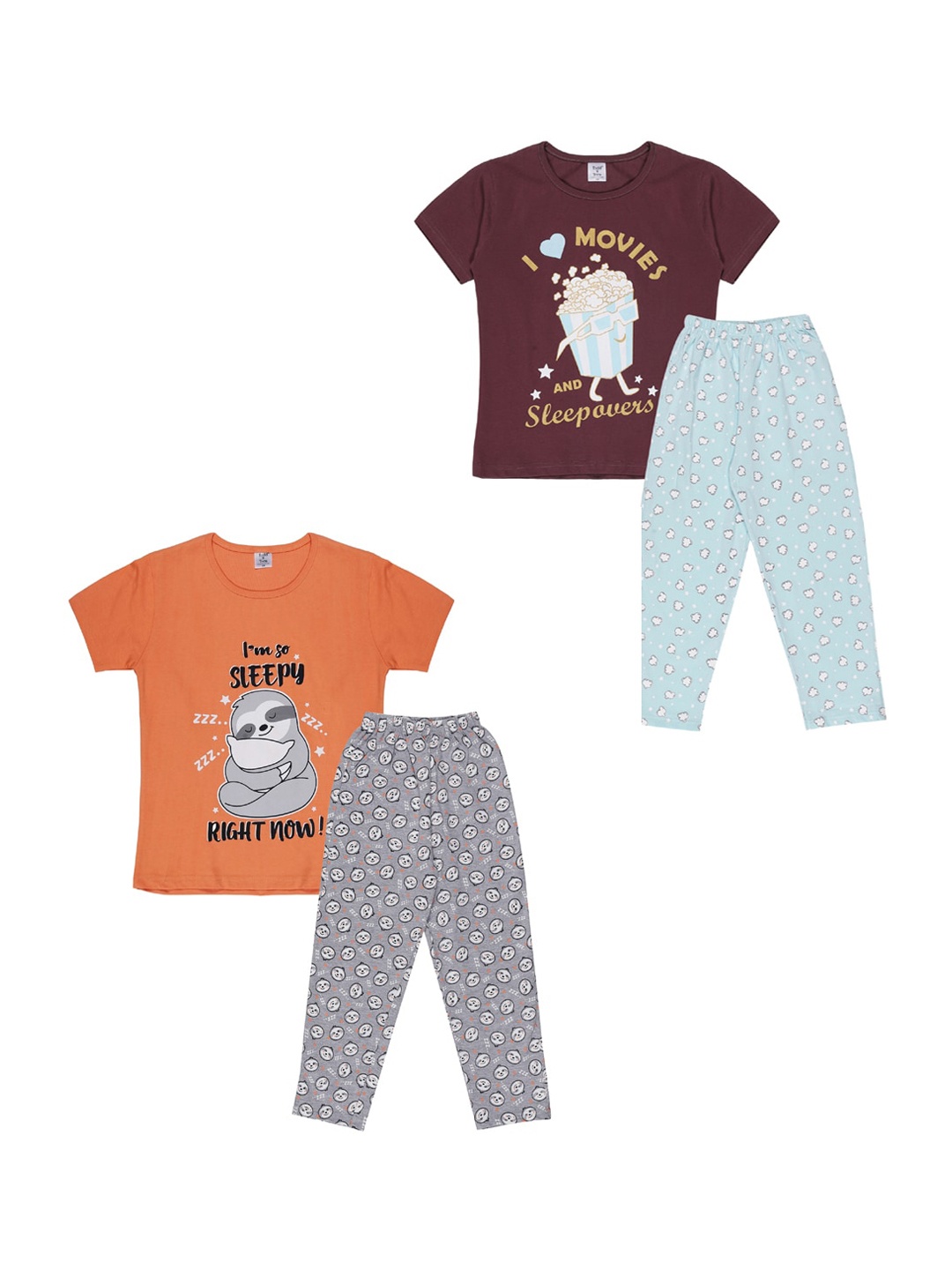 

Todd N Teen Girls Pack Of 2 Graphic Printed Pure Cotton Night Suit, Peach