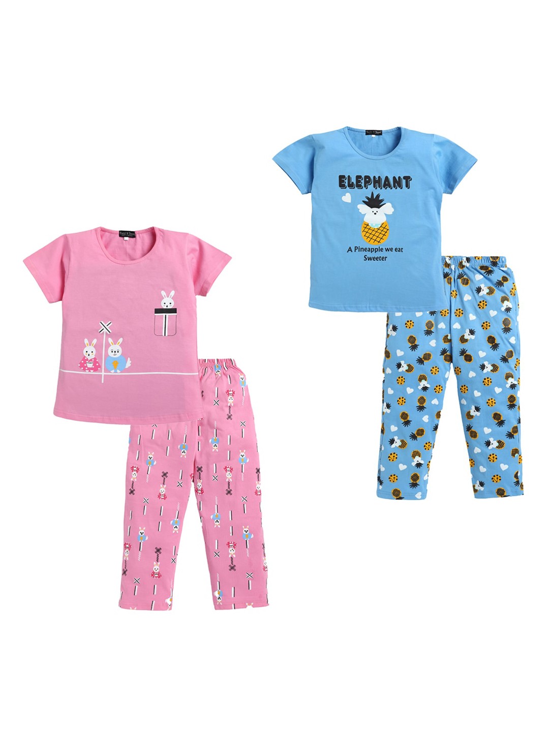 

Todd N Teen Girls Pack Of 2 Graphic Printed Pure Cotton Night Suit, Pink