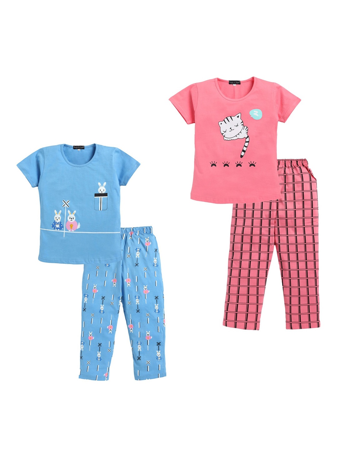 

Todd N Teen Girls Pack Of 2 Graphic Printed Pure Cotton Night Suit, Blue
