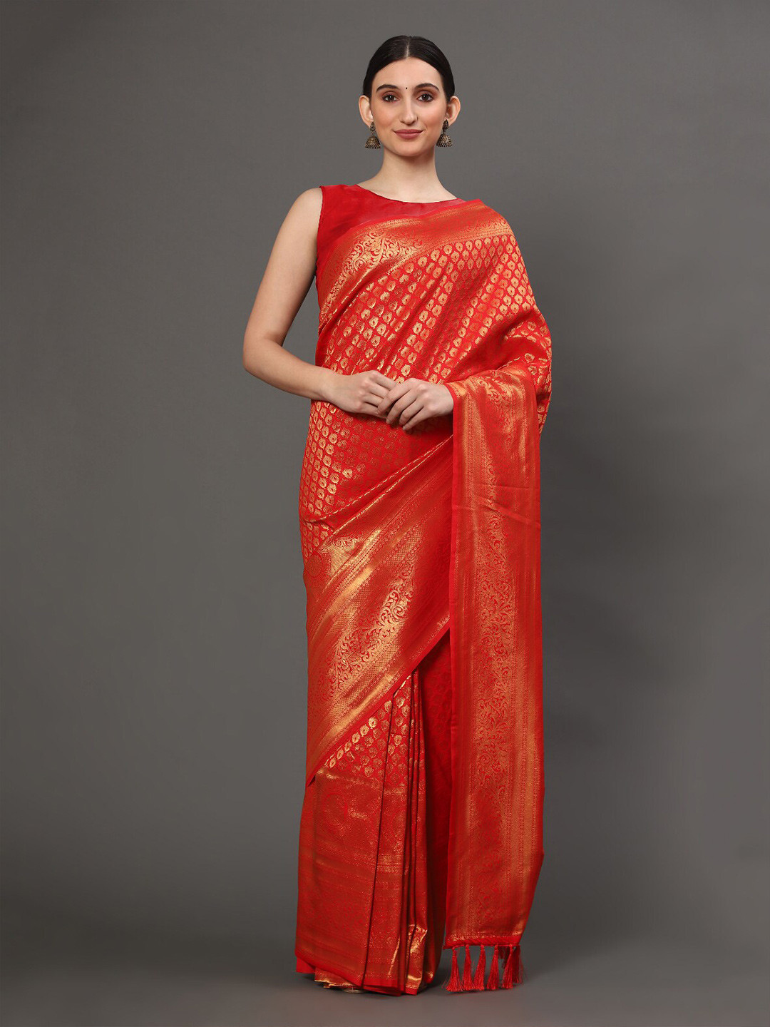 

Tasarika Ethnic Motifs Woven Design Zari Silk Blend Kanjeevaram Saree, Red