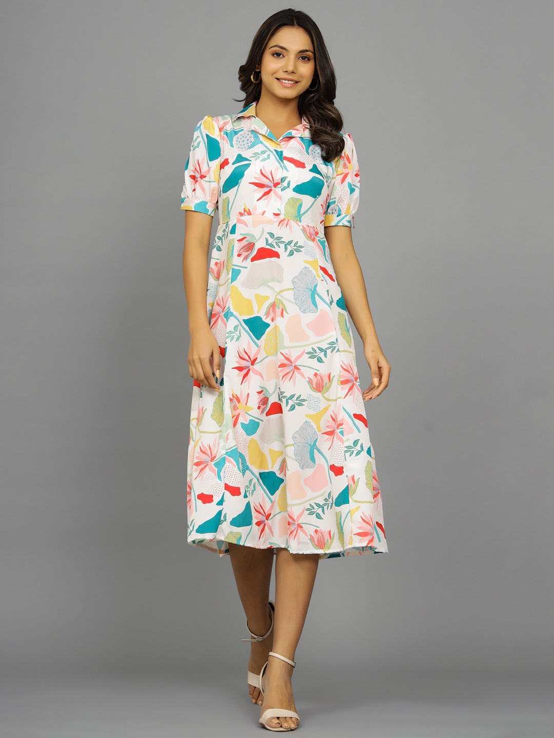 

HANDICRAFT PALACE Floral Printed Puff Sleeves Pure Cotton A-Line Midi Dress, White