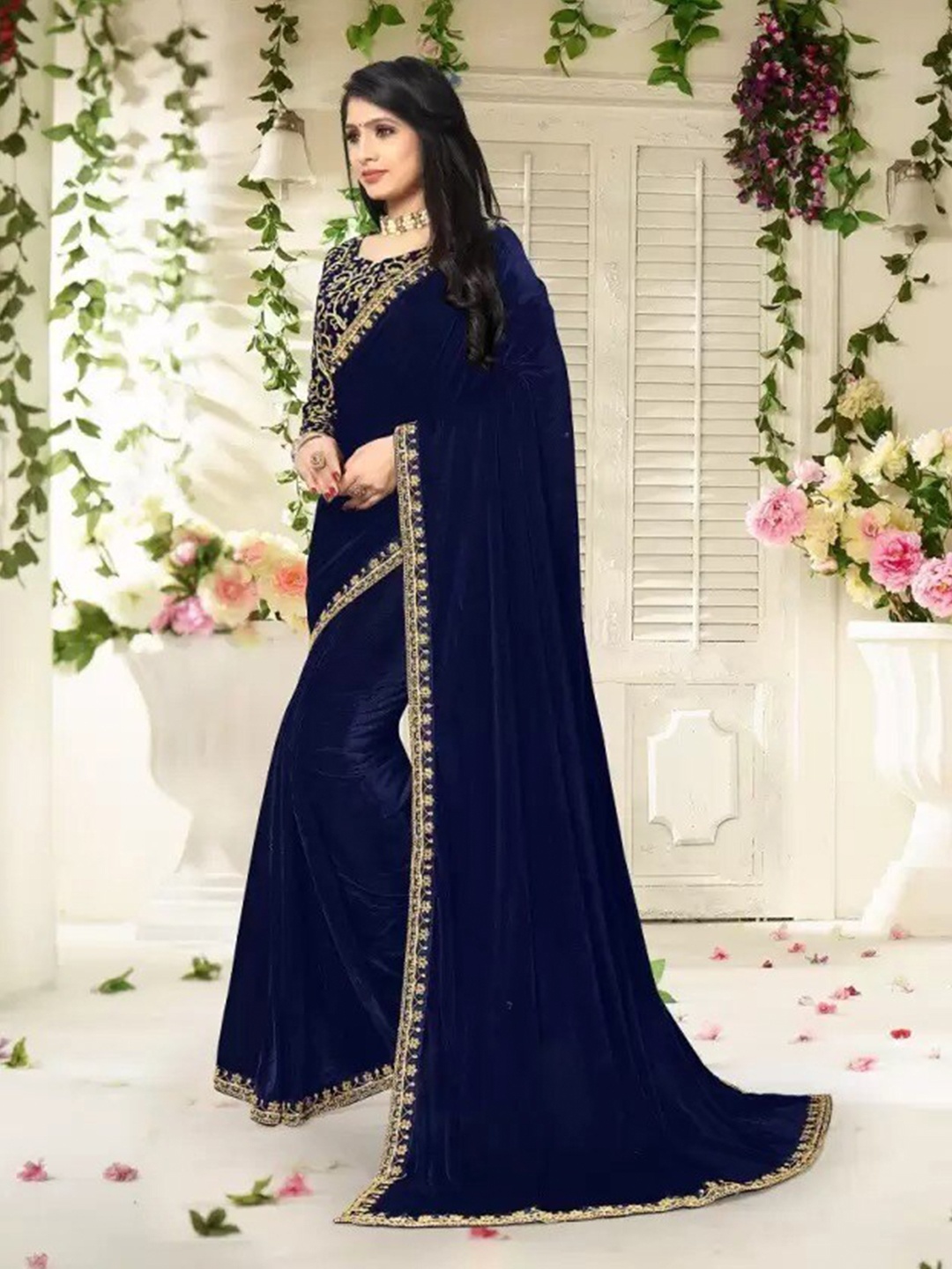 

KALINI Embroidered Bordered Saree, Navy blue