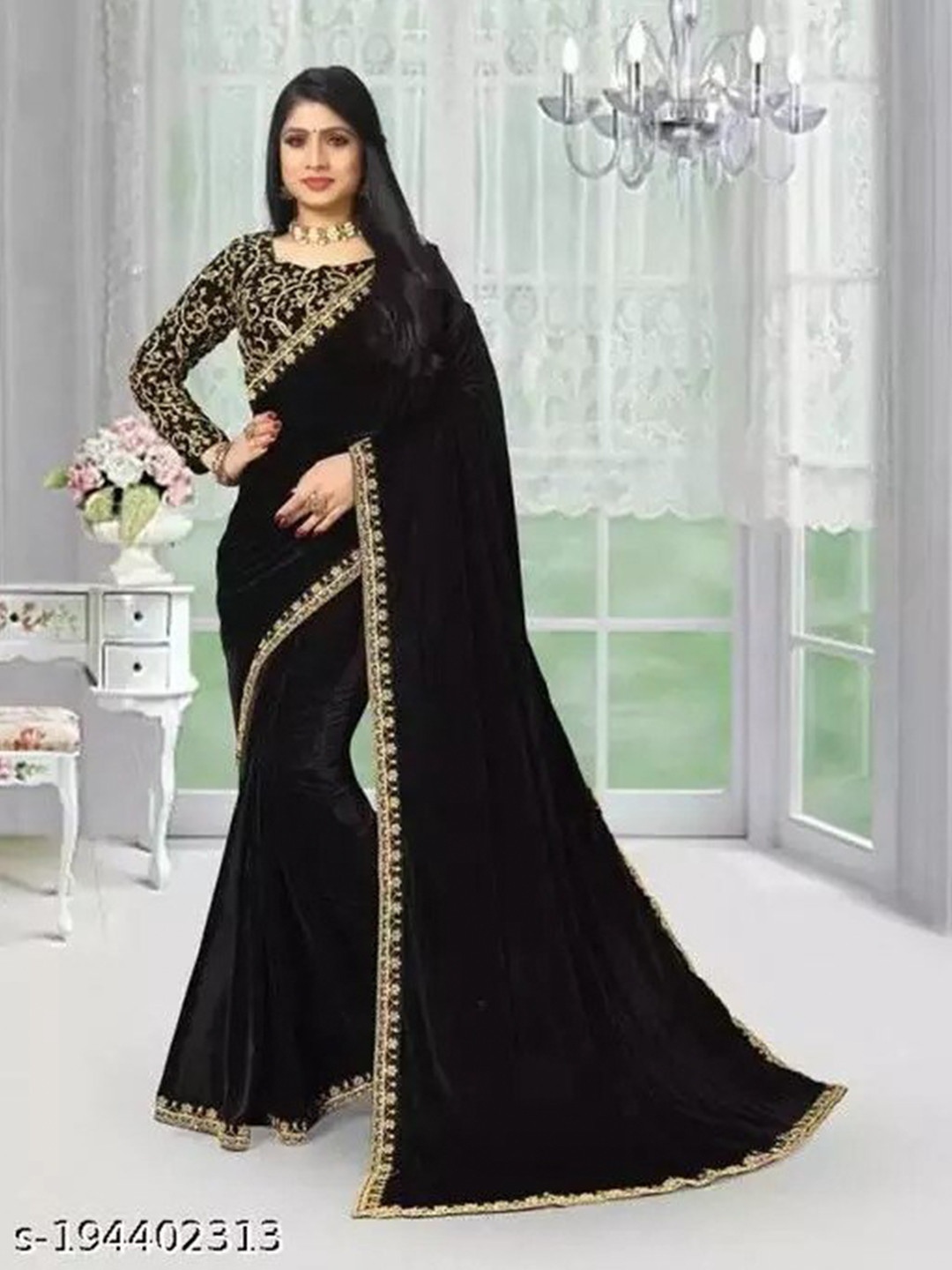 

KALINI Embroidered Bordered Saree, Black