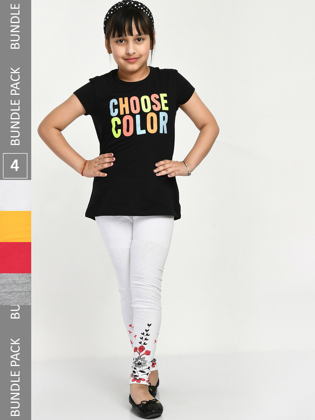 

IndiWeaves Girls Pack Of 4 Printed Pure Cotton Ankle Length Leggings, White