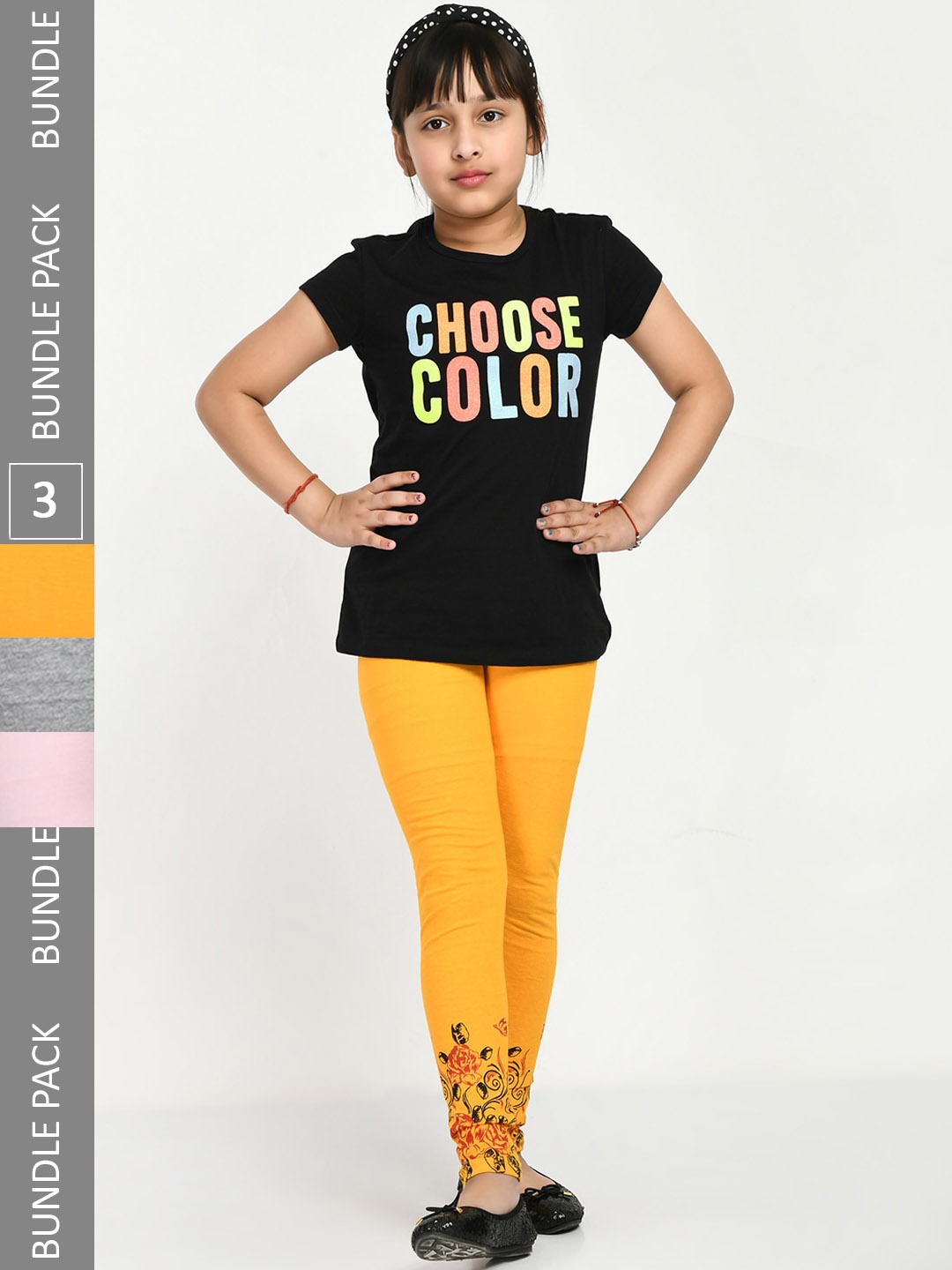 

IndiWeaves Girls Pack Of 3 Comfort-Fit Pure Cotton Ankle-Length Leggings, Yellow
