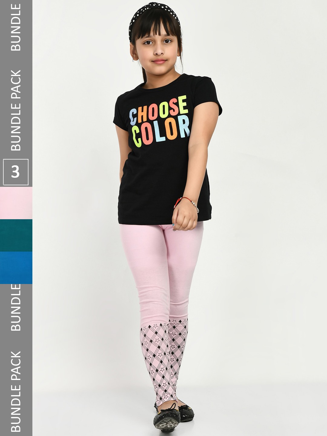 

IndiWeaves Girls Pack Of 3 Printed Pure Cotton Ankle-Length Leggings, Pink