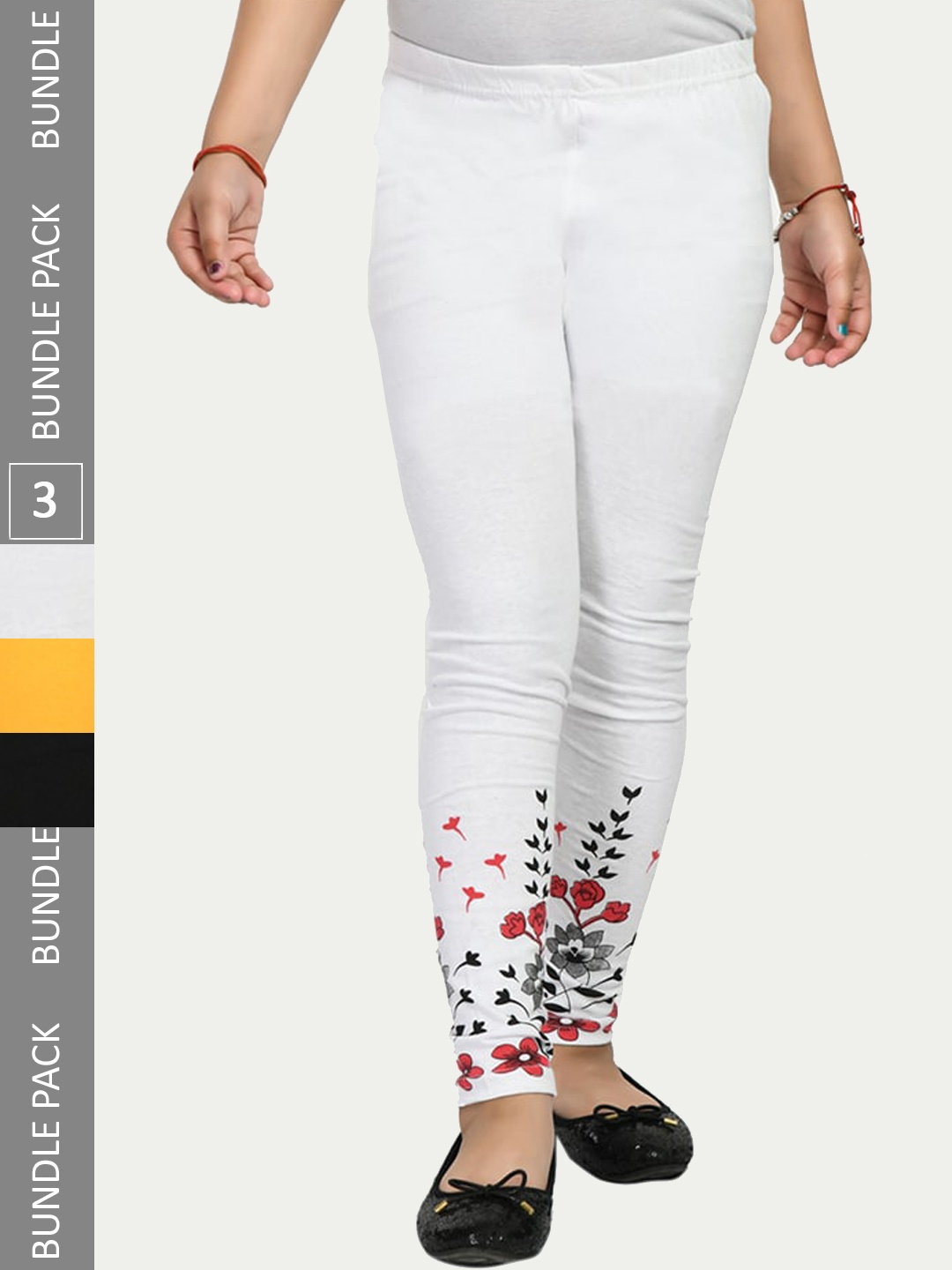 

IndiWeaves Girls Pack Of 3 Printed Comfort-Fit Pure Cotton Ankle-Length Leggings, White