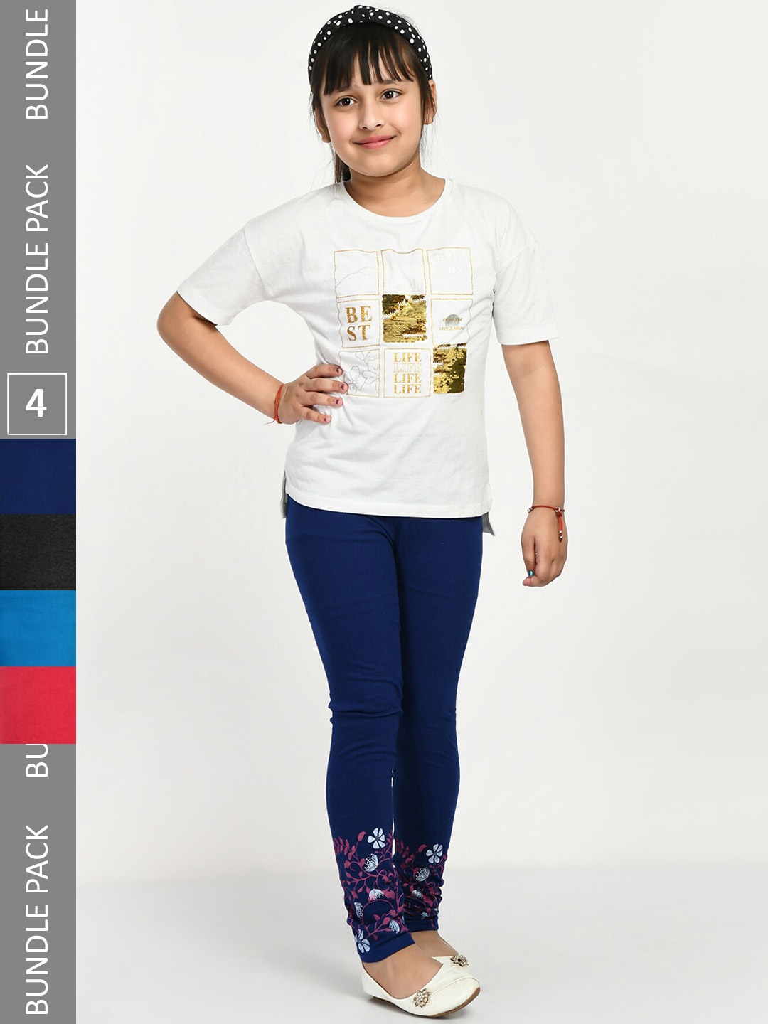 

IndiWeaves Girls Pack Of 4 Printed Comfort-Fit Pure Cotton Ankle-Length Leggings, Blue