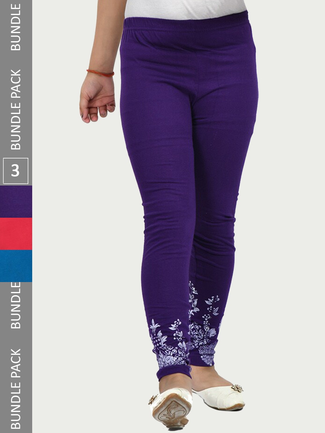 

IndiWeaves Girls Pack Of 3 Printed Pure Cotton Ankle Length Leggings, Purple
