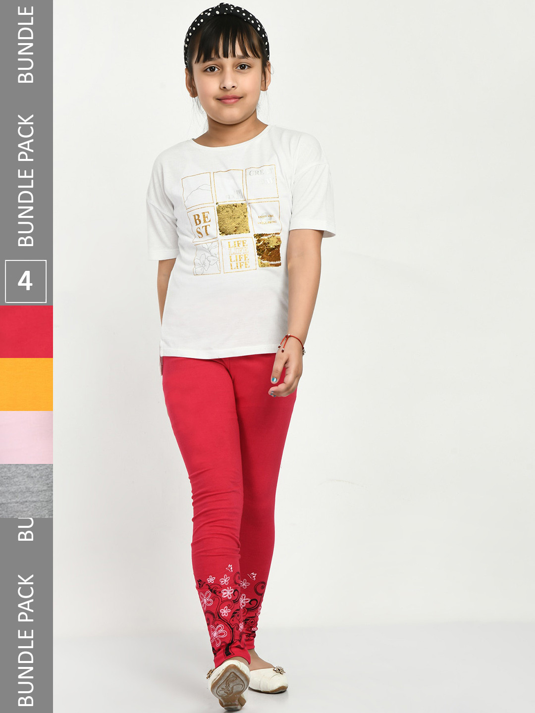 

IndiWeaves Girls Pack Of 4 Printed Pure Cotton Ankle Length Leggings, Yellow
