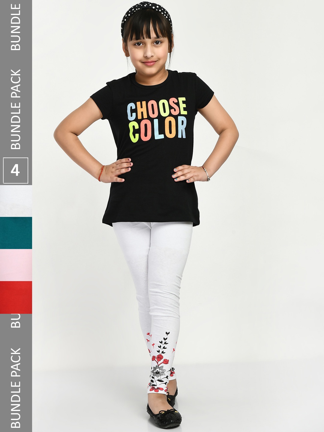 

IndiWeaves Girls Pack Of 4 Printed Comfort-Fit Pure Cotton Ankle-Length Leggings, White