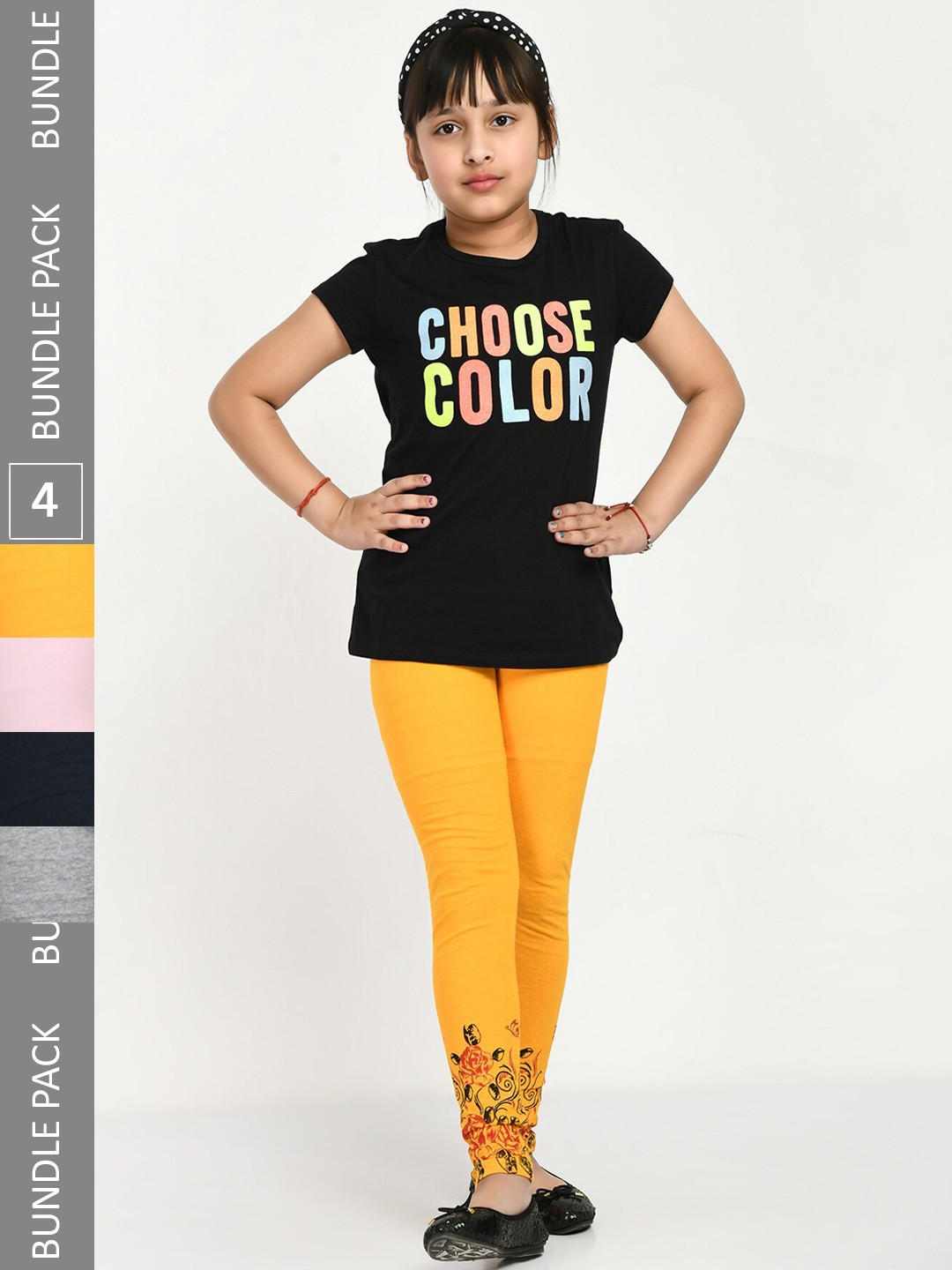 

IndiWeaves Girls Pack Of 4 Printed Skin friendly dyes Pure Cotton Ankle Length Leggings, Yellow