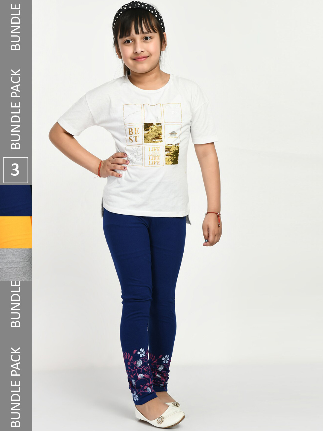 

IndiWeaves Girls Pack Of 3 Printed Pure Cotton Ankle Length Leggings, Yellow