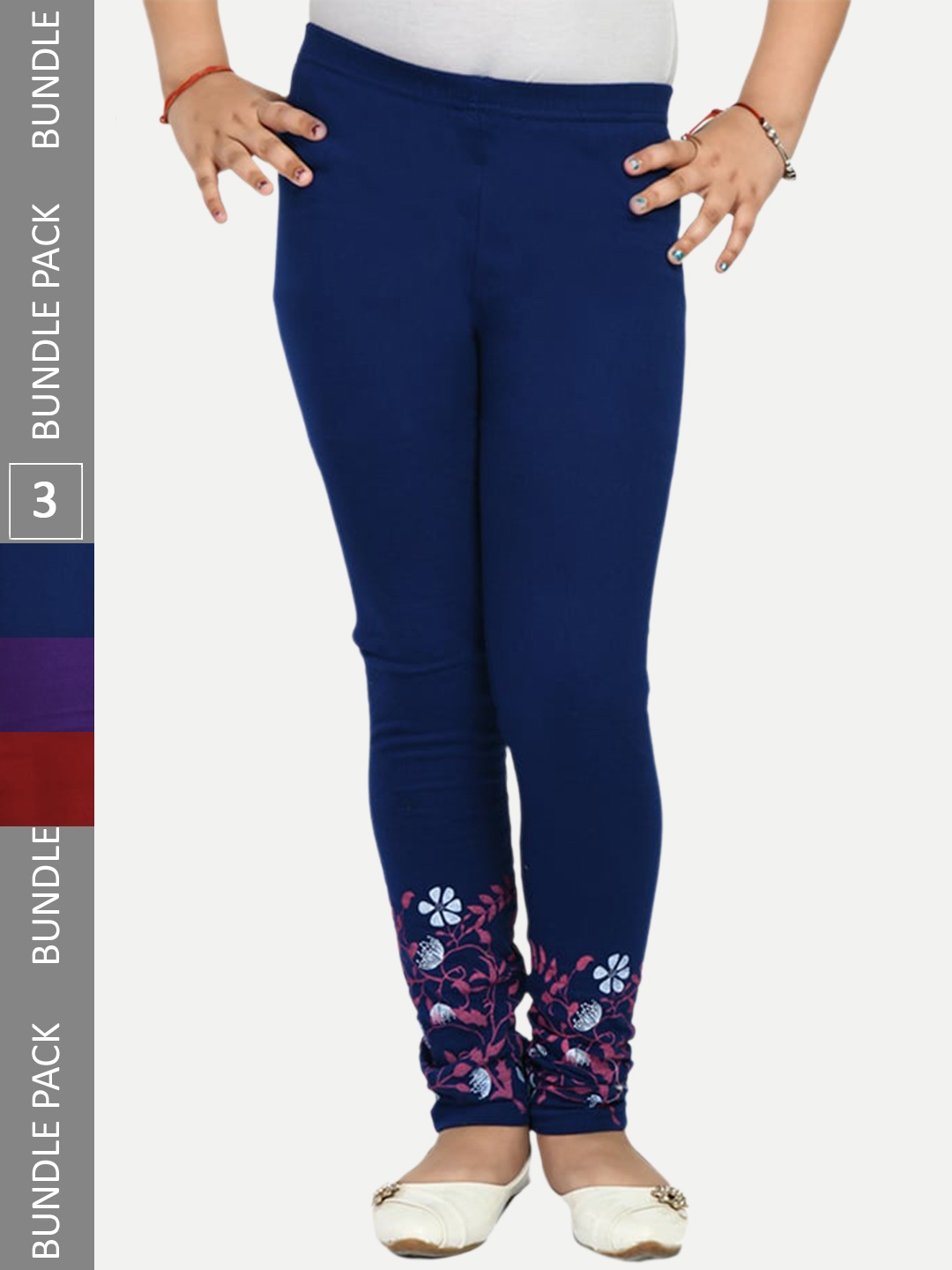 

IndiWeaves Girls Pack Of 3 Printed Pure Cotton Ankle Length Leggings, Maroon