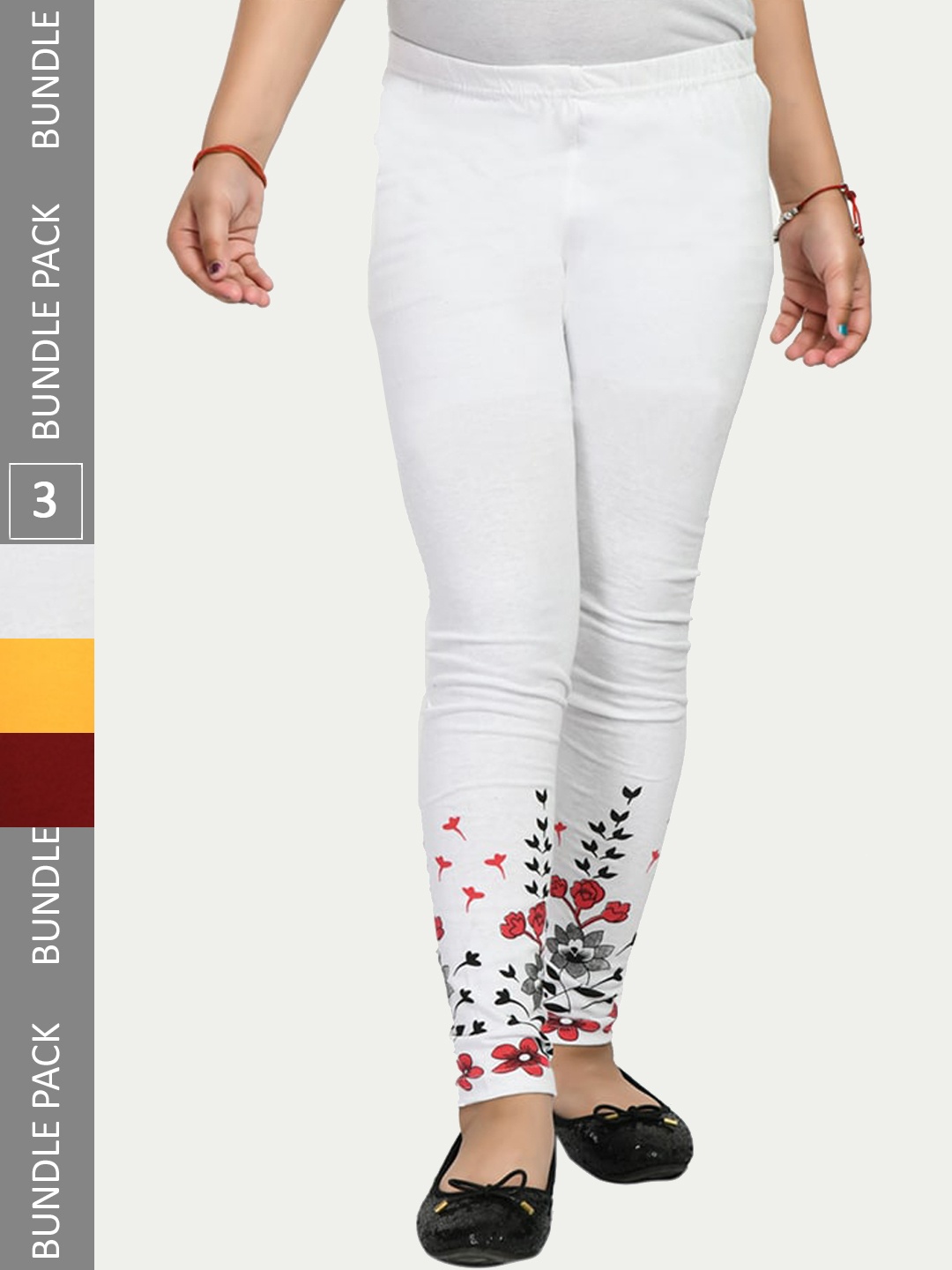 

IndiWeaves Girls Pack of 3 Printed Ankle-Length Pure Cotton Leggings, White