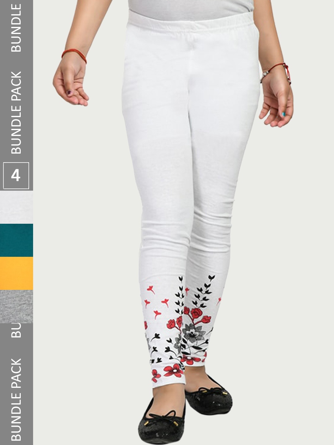 

IndiWeaves Girls Pack Of 4 Printed Pure Cotton Ankle Length Leggings, White