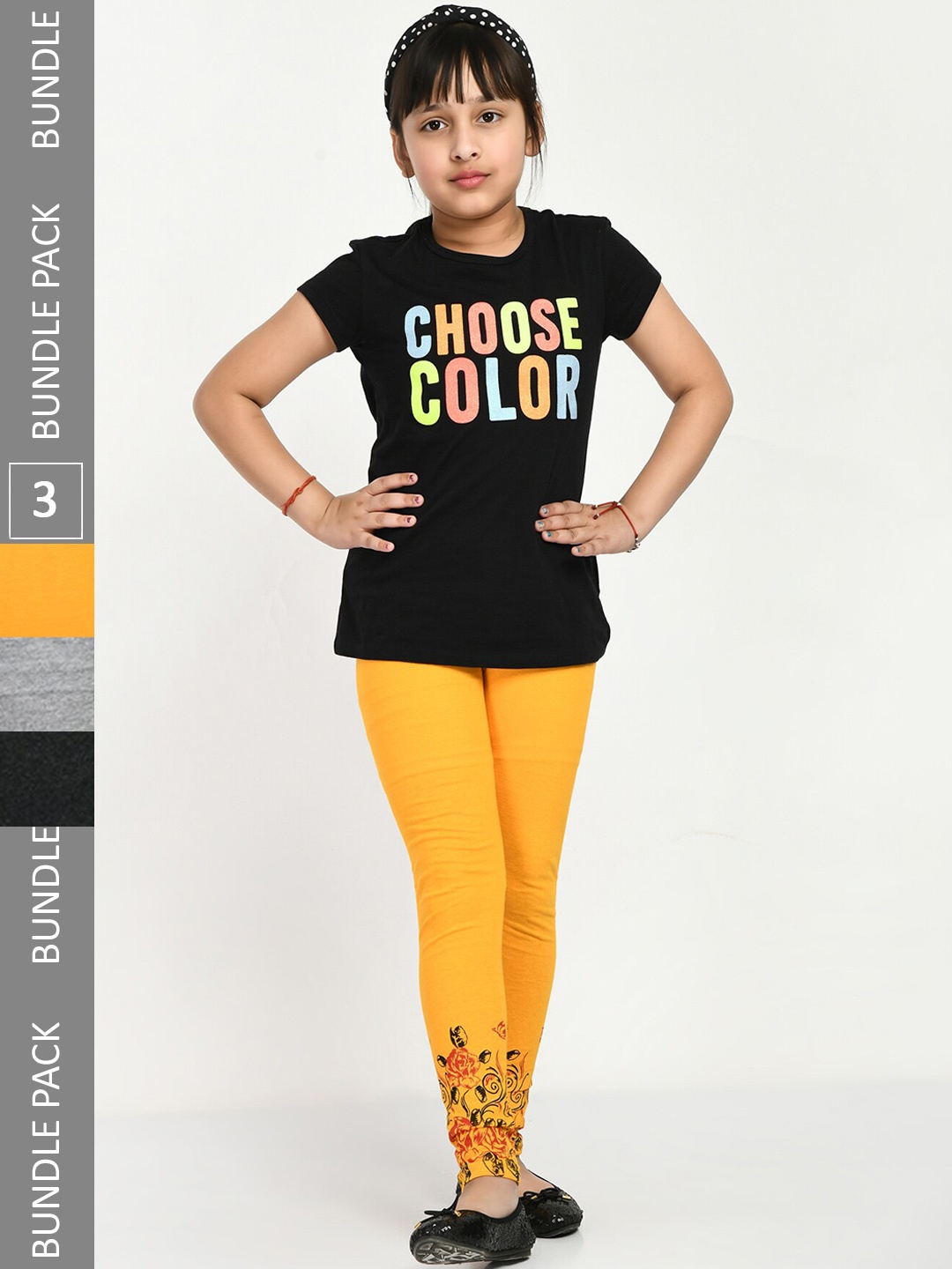 

IndiWeaves Girls Pack Of 3 Printed Pure Cotton Ankle Length Leggings, Yellow