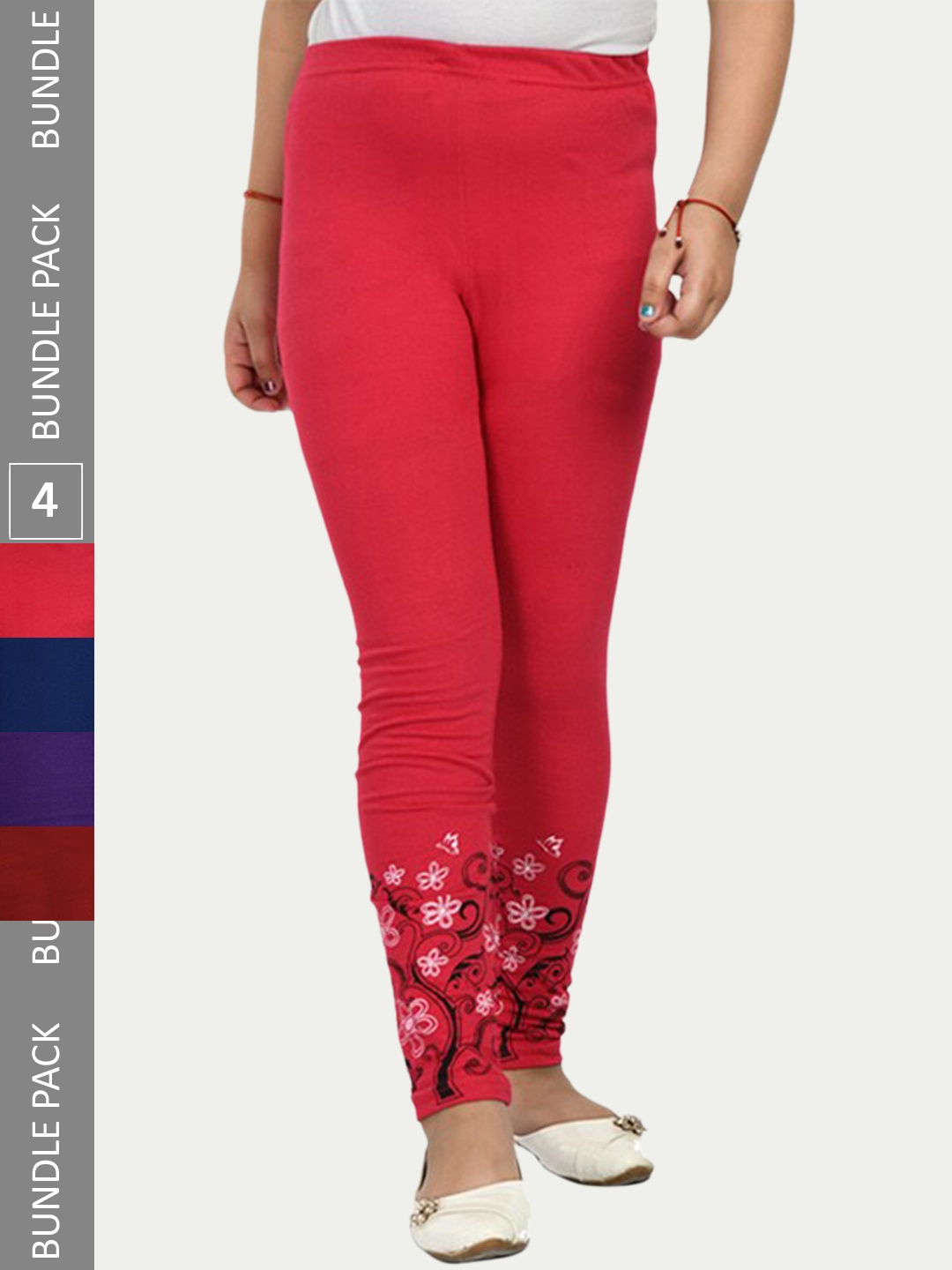 

IndiWeaves Girls Pack Of 4 Printed Pure Cotton Ankle Length Leggings, Maroon