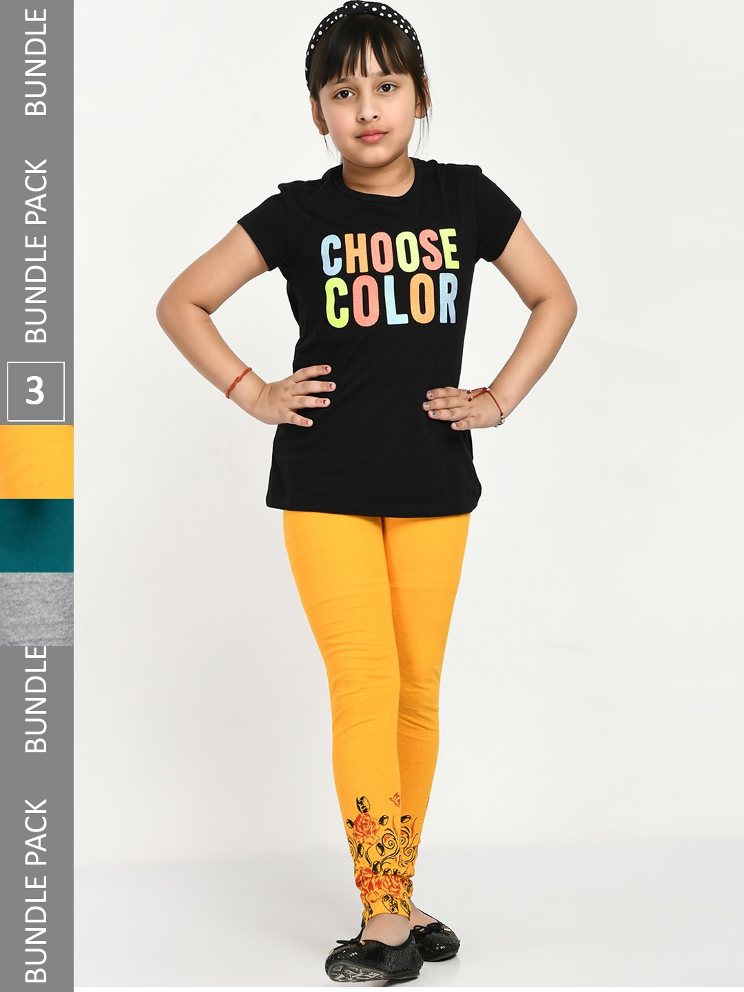 

IndiWeaves Girls Pack Of 3 Printed Pure Cotton Ankle Length Leggings, Yellow