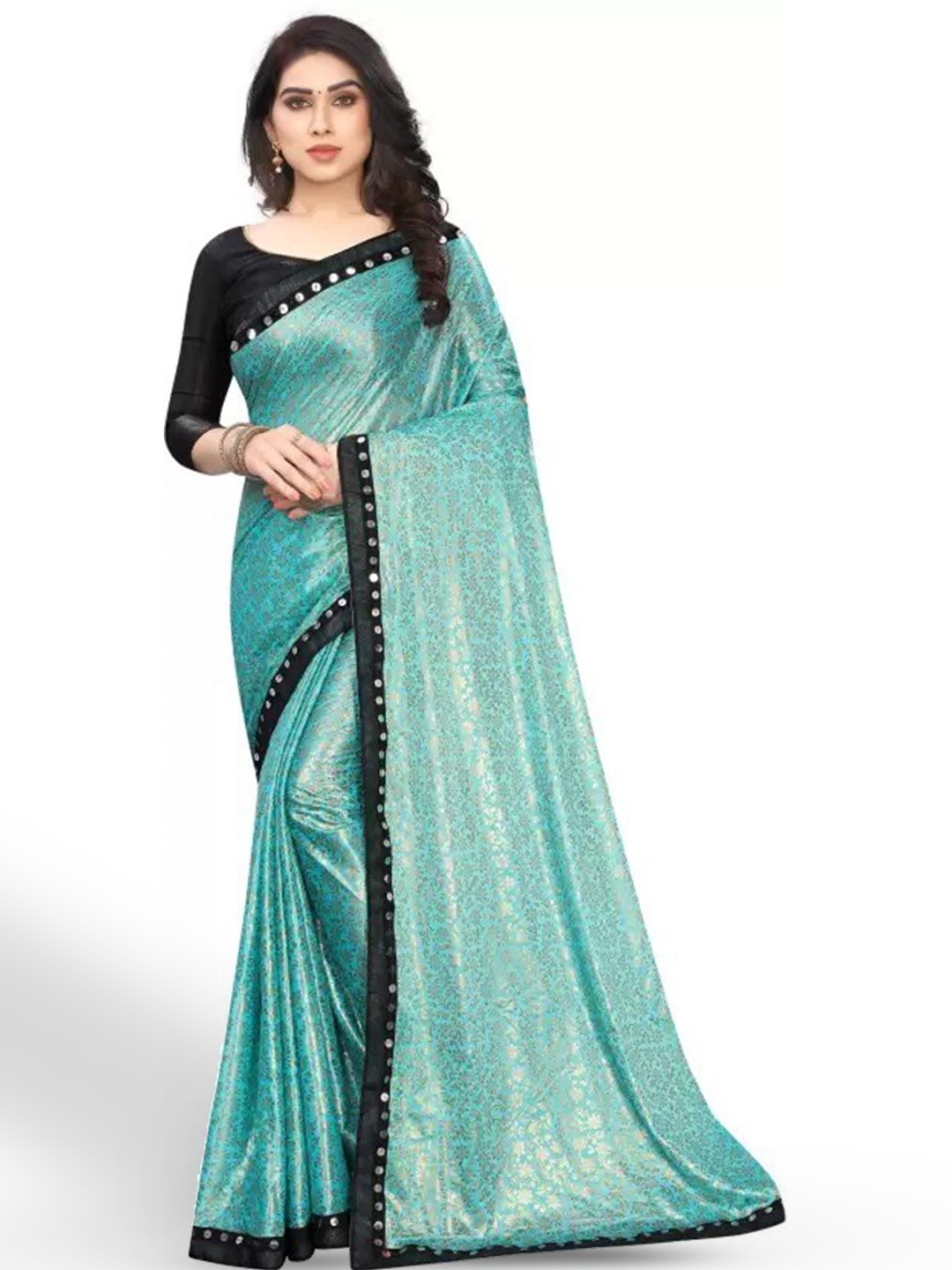 

KALINI Floral Printed Sequined Saree, Turquoise blue