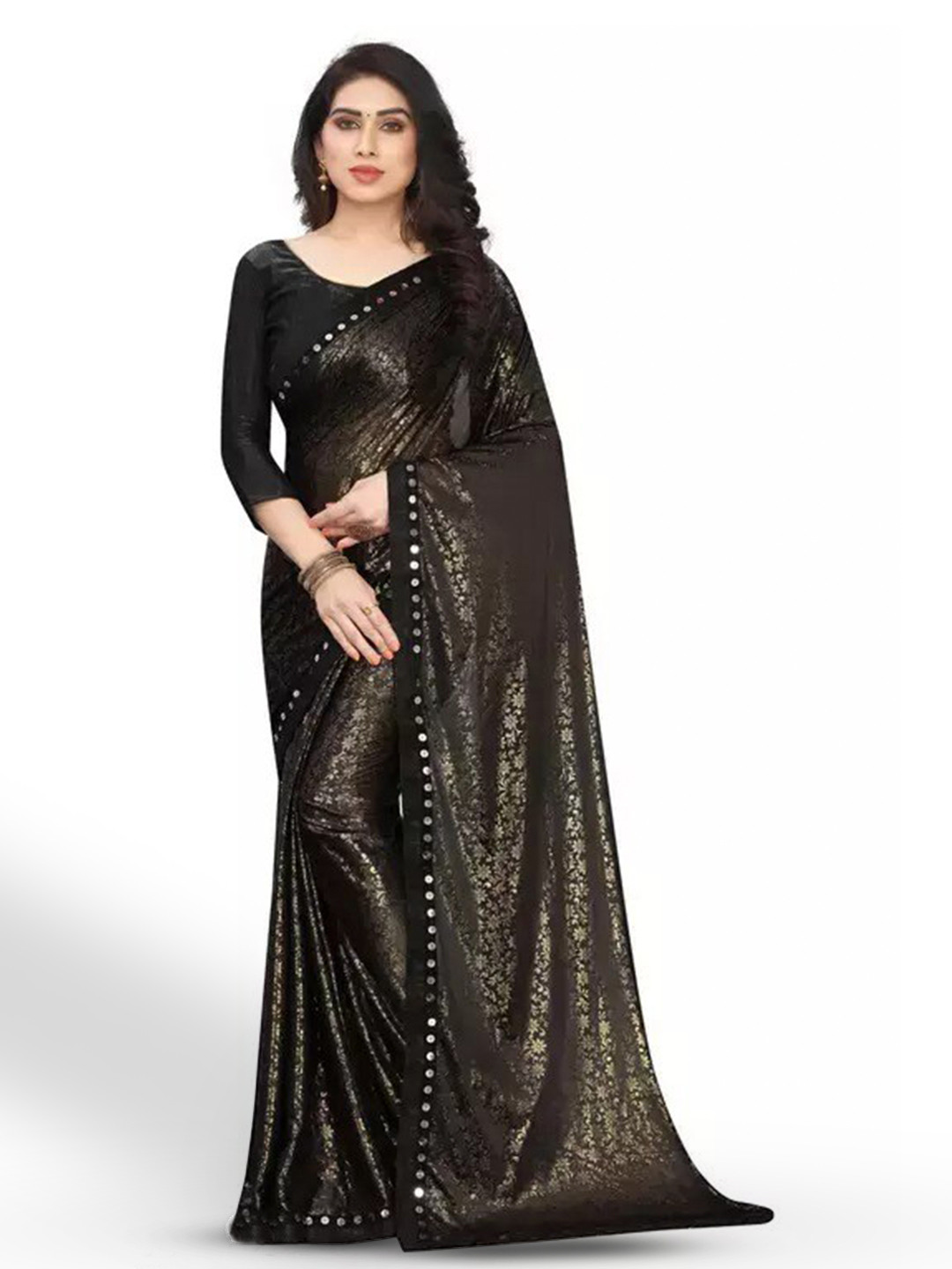 

KALINI Floral Printed Sequined Saree, Black