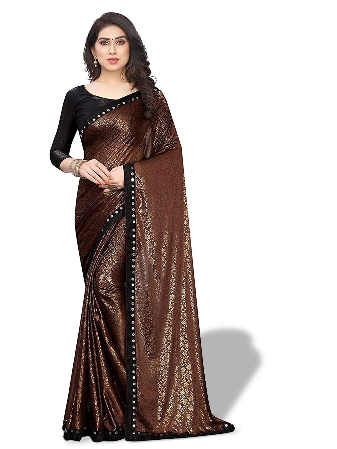

KALINI Ethnic Motifs Sequinned Saree, Brown