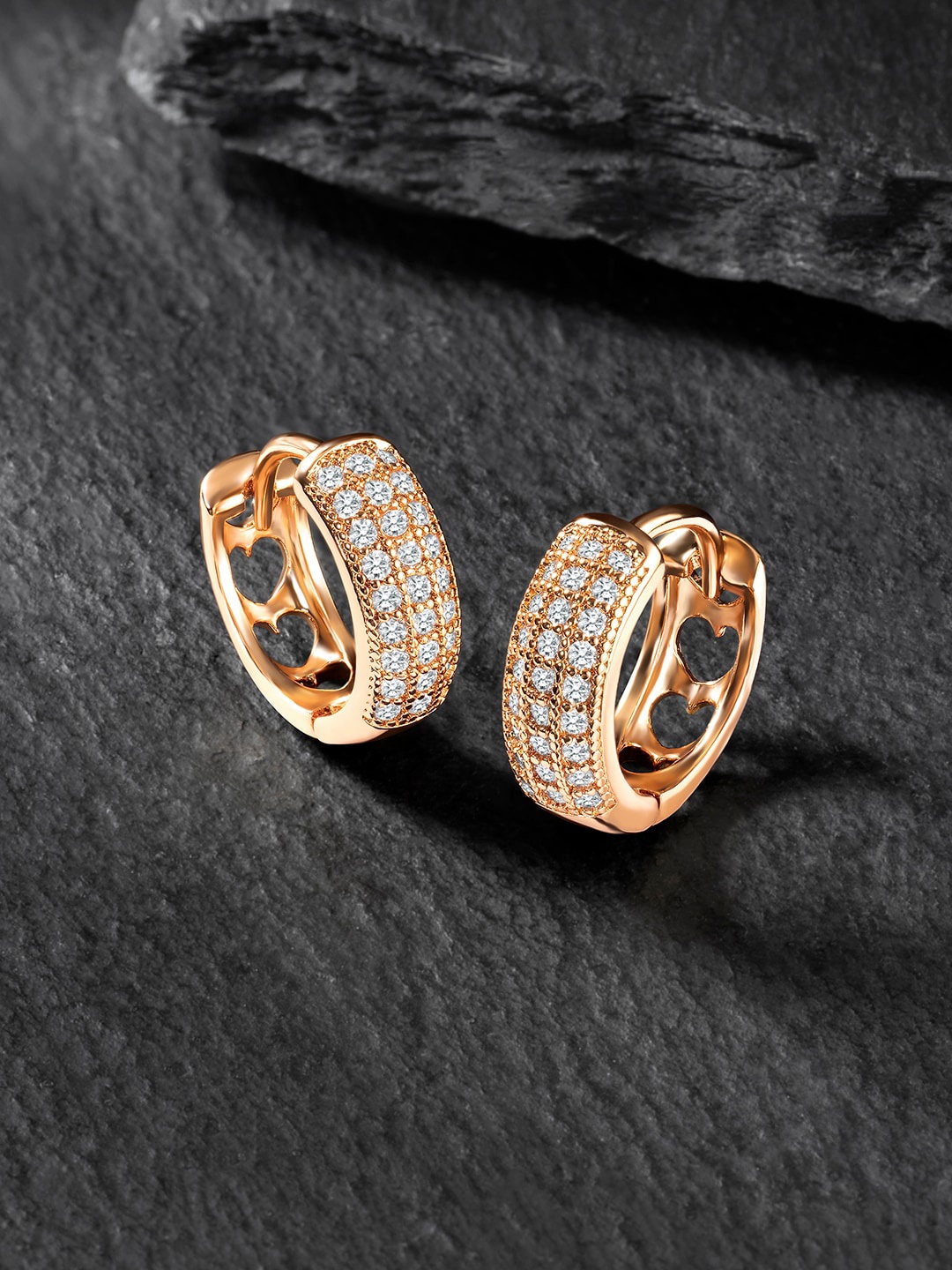 

Peora Rose Gold-Plated Contemporary Cubic Zirconia Studded Hoop Earrings