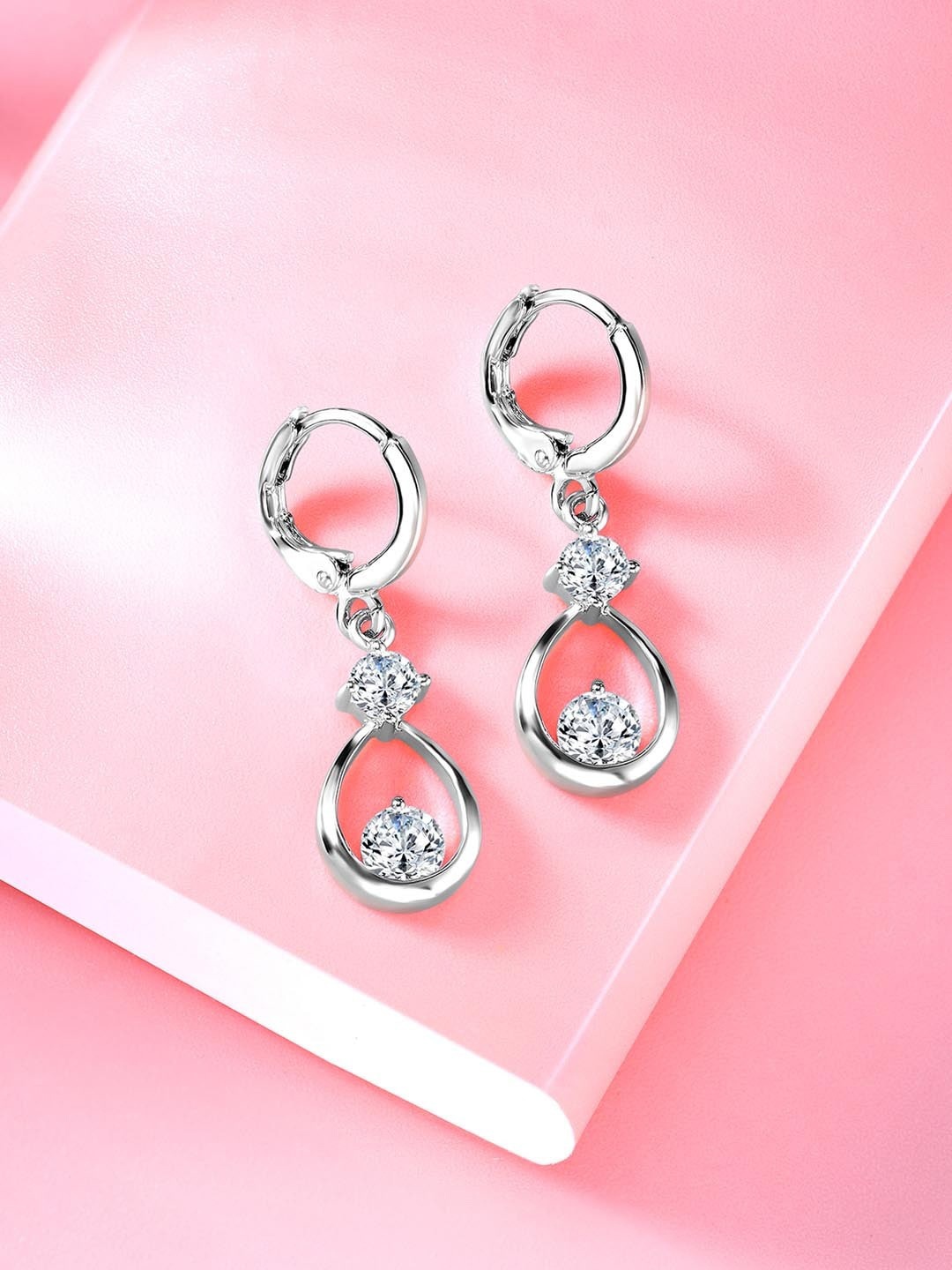 

Peora Silver-Plated Teardrop Shaped CZ Studded Hoop Earrings