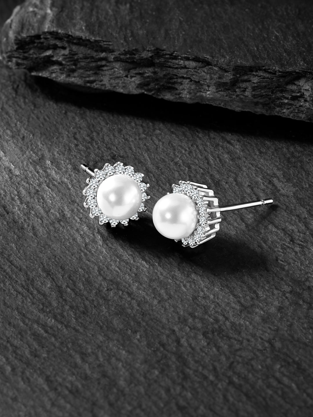 Peora Silver-Plated Contemporary CZ Studded Studs Earrings