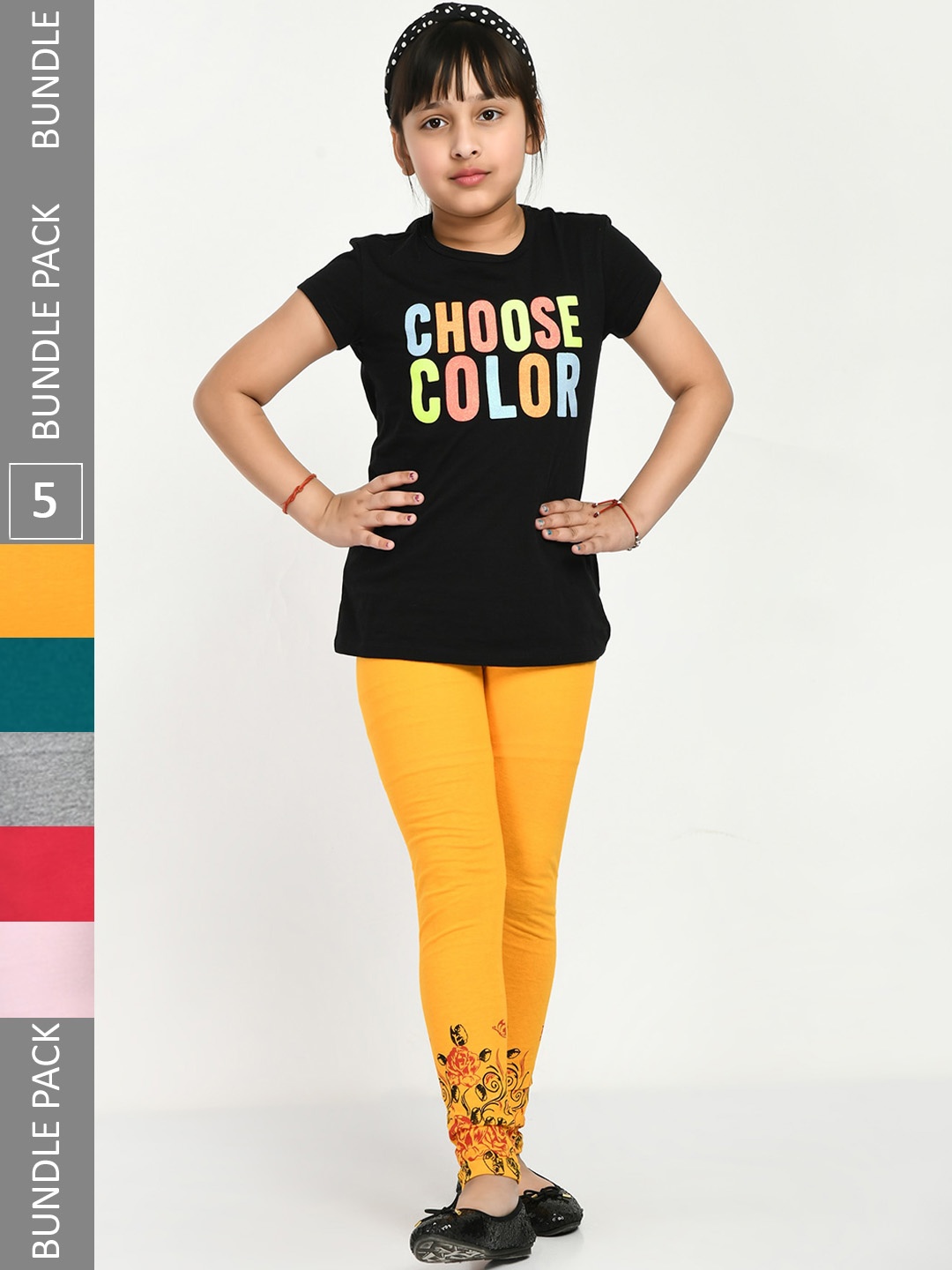 

IndiWeaves Girls Pack Of 5 Printed Pure Cotton Ankle Length Leggings, Yellow