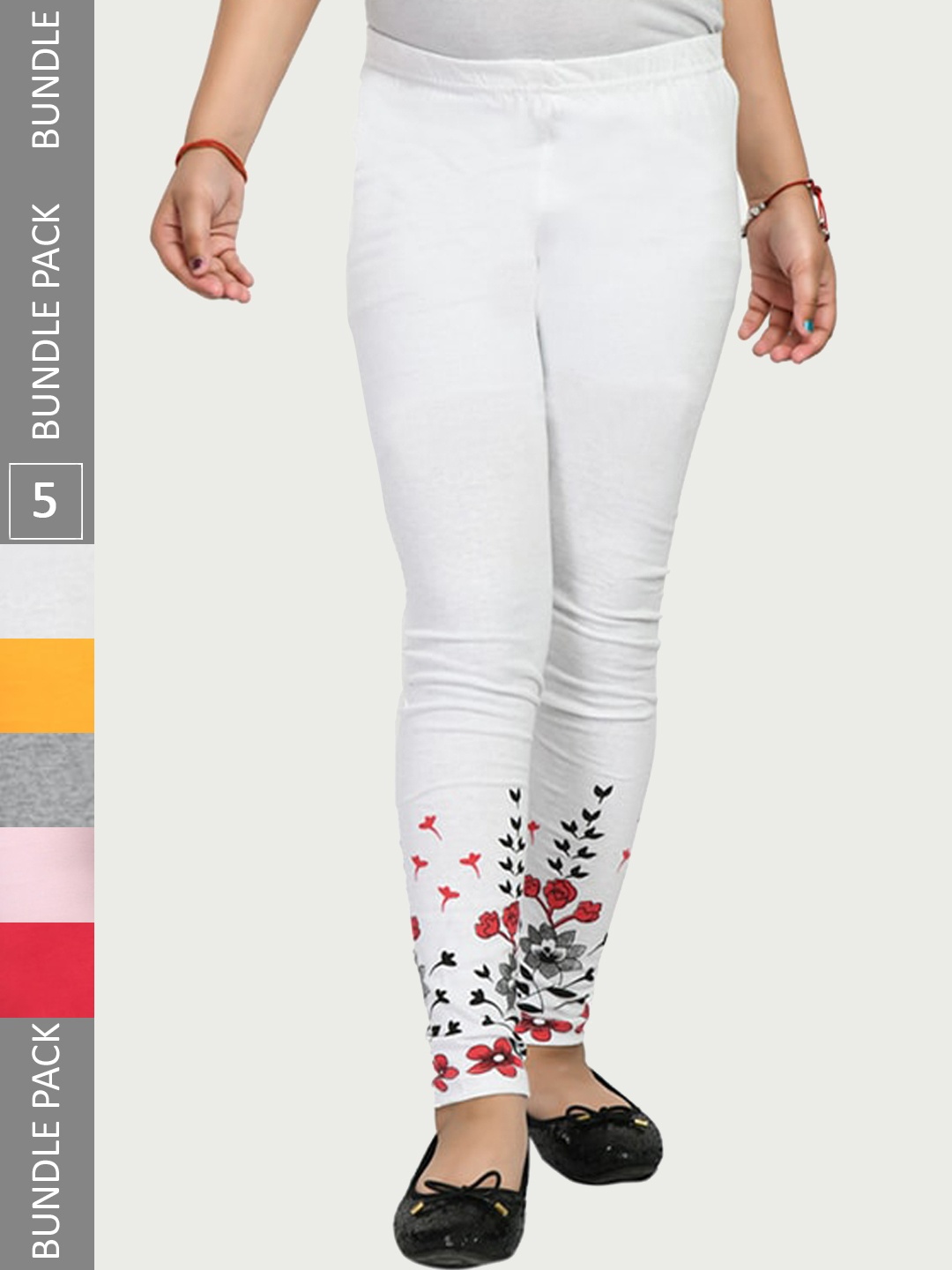 

IndiWeaves Girls Pack Of 5 Printed Pure Cotton Ankle Length Leggings, White