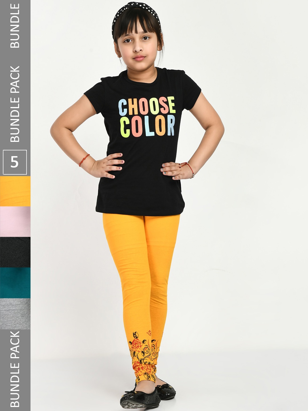 

IndiWeaves Girls Pack Of 5 Printed Pure Cotton Ankle Length Leggings, Yellow