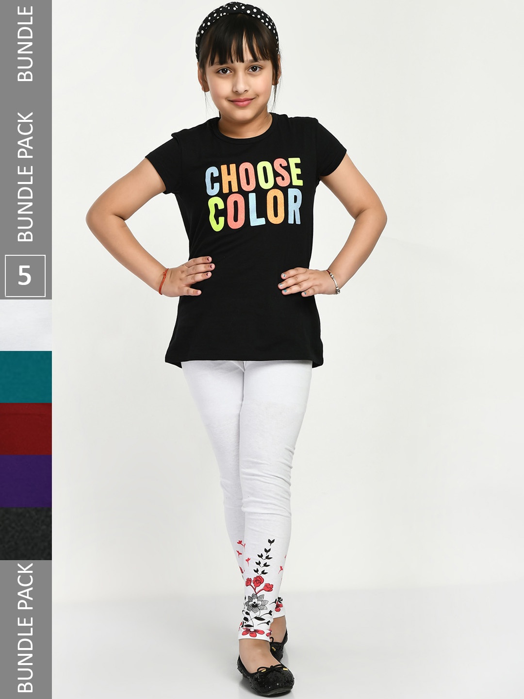 

IndiWeaves Girls Pack of 5 Printed Ankle-Length Pure Cotton Leggings, White