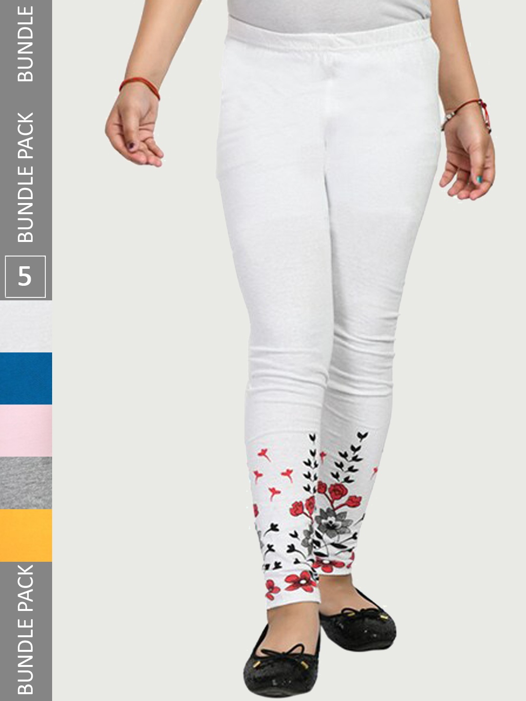 

IndiWeaves Girls Pack Of 5 Printed Skin friendly dyes Pure Cotton Ankle Length Leggings, White