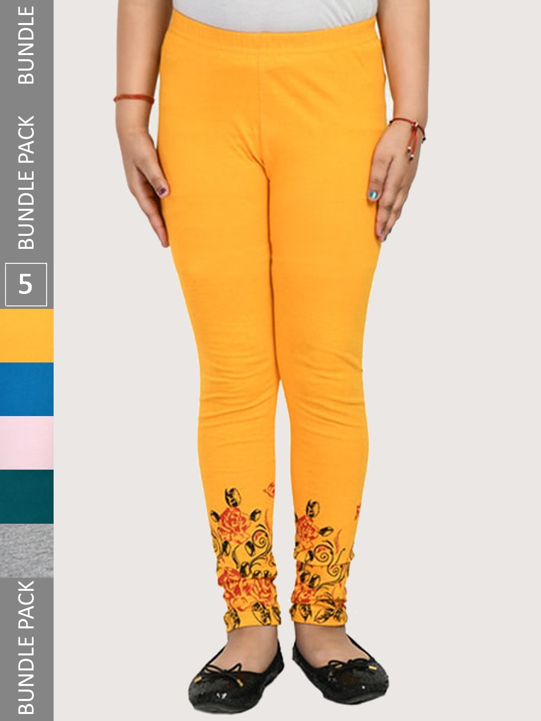 

IndiWeaves Girls Pack of 5 Printed Ankle-Length Pure Cotton Leggings, Yellow