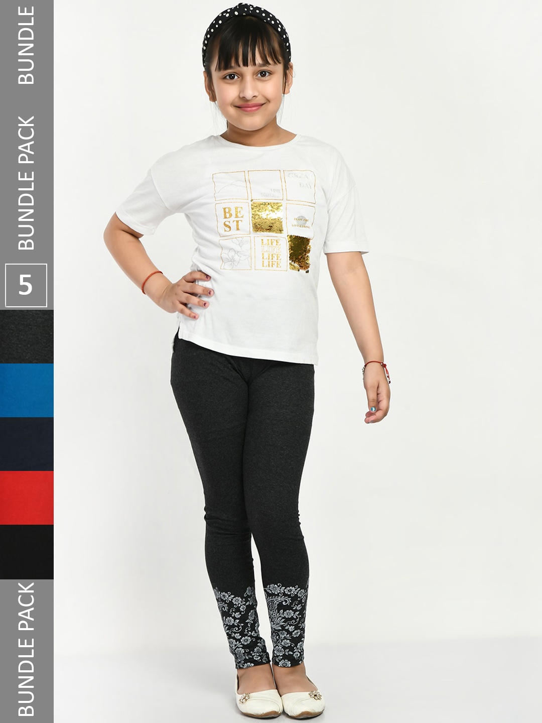 

IndiWeaves Girls Pack Of 5 Printed Pure Cotton Ankle Length Leggings, Black