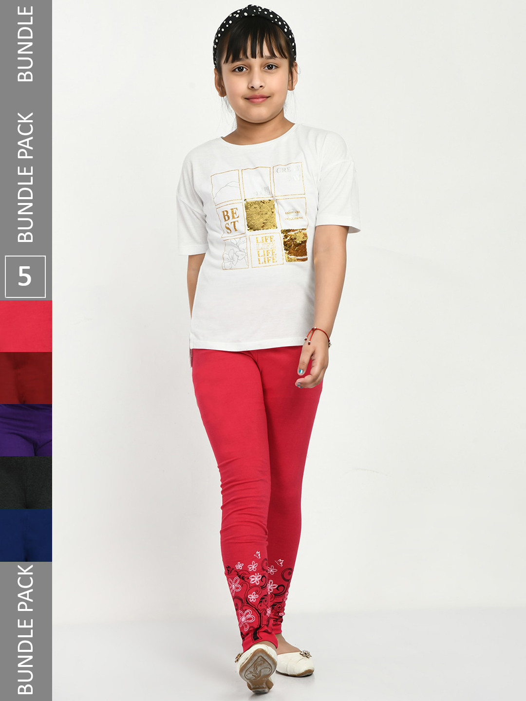 

IndiWeaves Girls Pack Of 5 Printed Pure Cotton Ankle Length Leggings, Purple