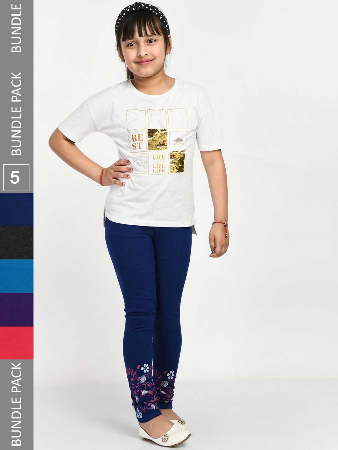 

IndiWeaves Girls Pack Of 5 Printed Ankle Length Pure Cotton Leggings, Navy blue