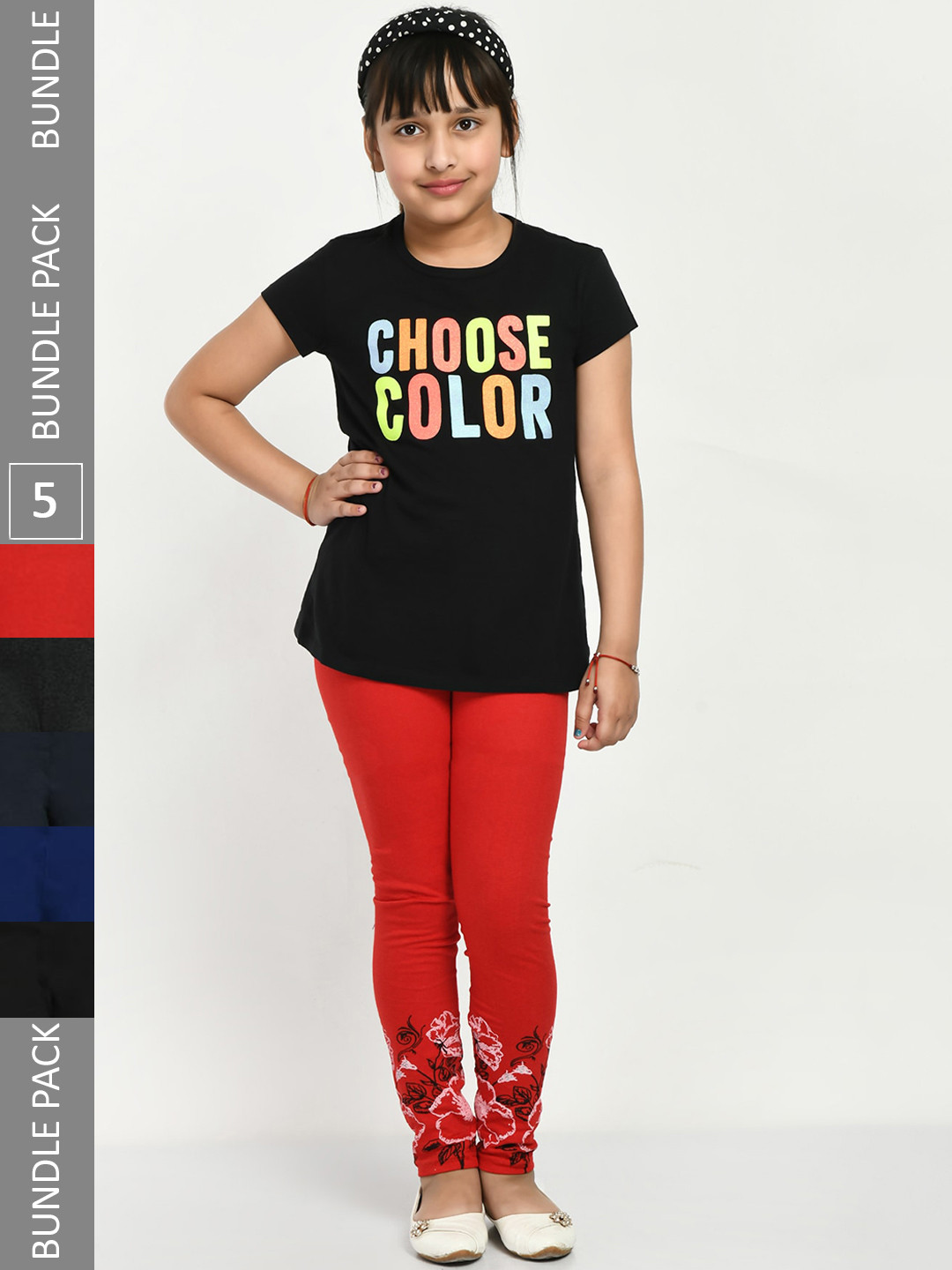 

IndiWeaves Girls Pack Of 5 Printed Pure Cotton Ankle Length Leggings, Red