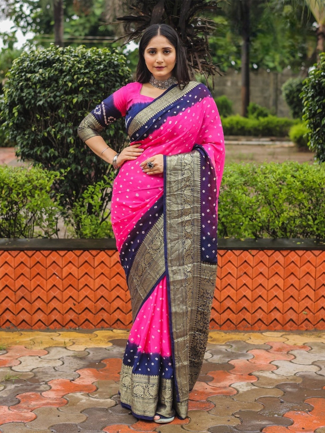 

Mitera Pink & Blue Printed Zari Bandhani Saree