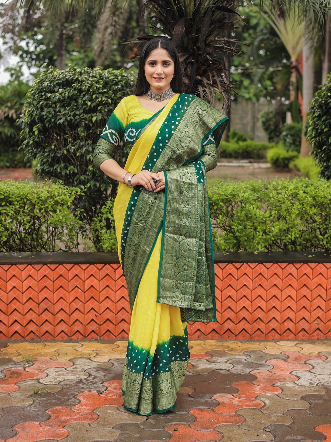

Mitera Yellow & Green Printed Zari Bandhani Saree