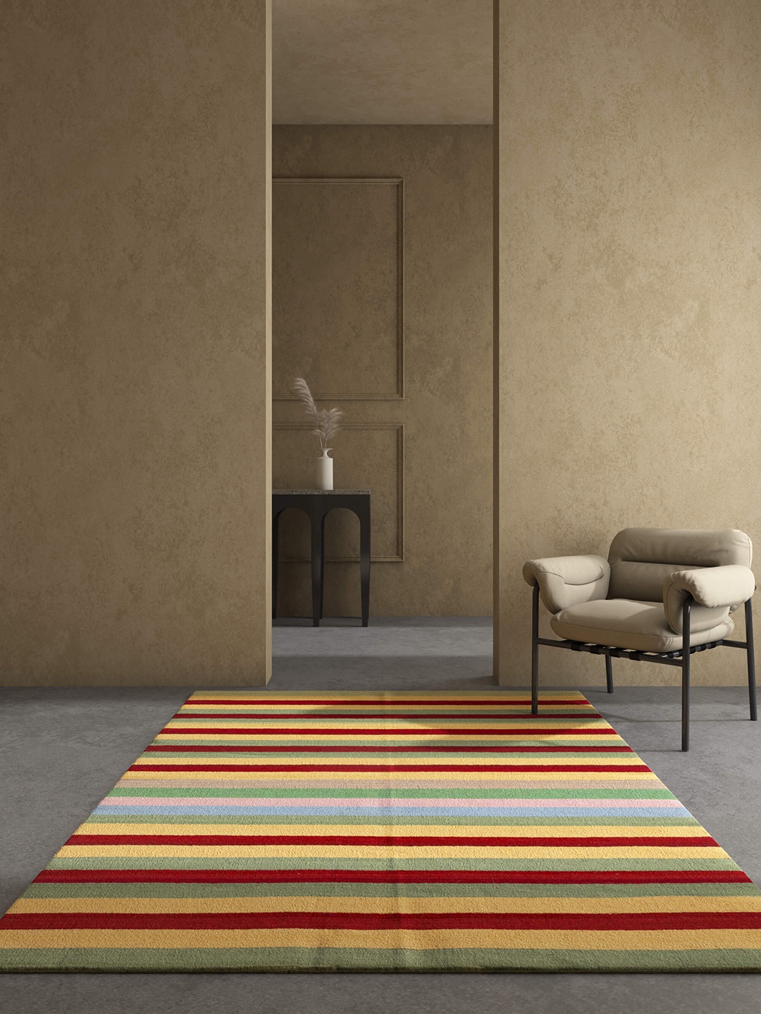 

Jaipur Rugs Aqua Collection Yellow & Maroon Striped Rectangular Woolen Dhurrie