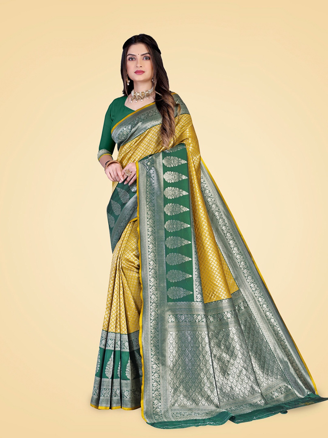 

N N ENTERPRISE Woven Design Zari Kanjeevaram Saree, Yellow