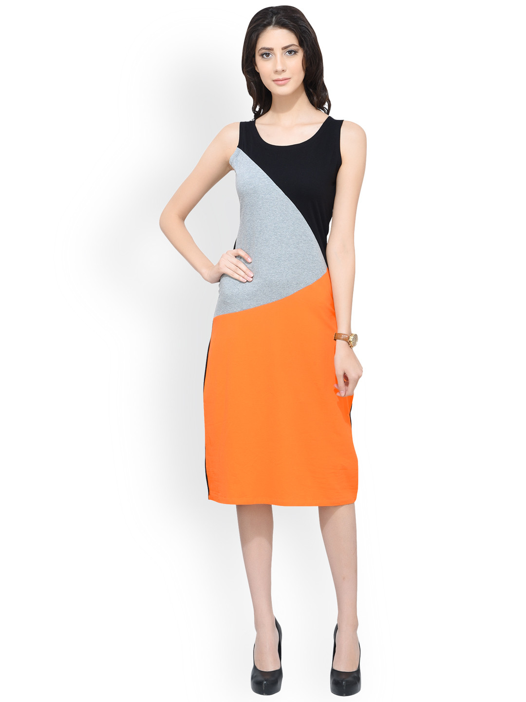 

SCORPIUS Women Colourblocked Bodycon Dress, Orange