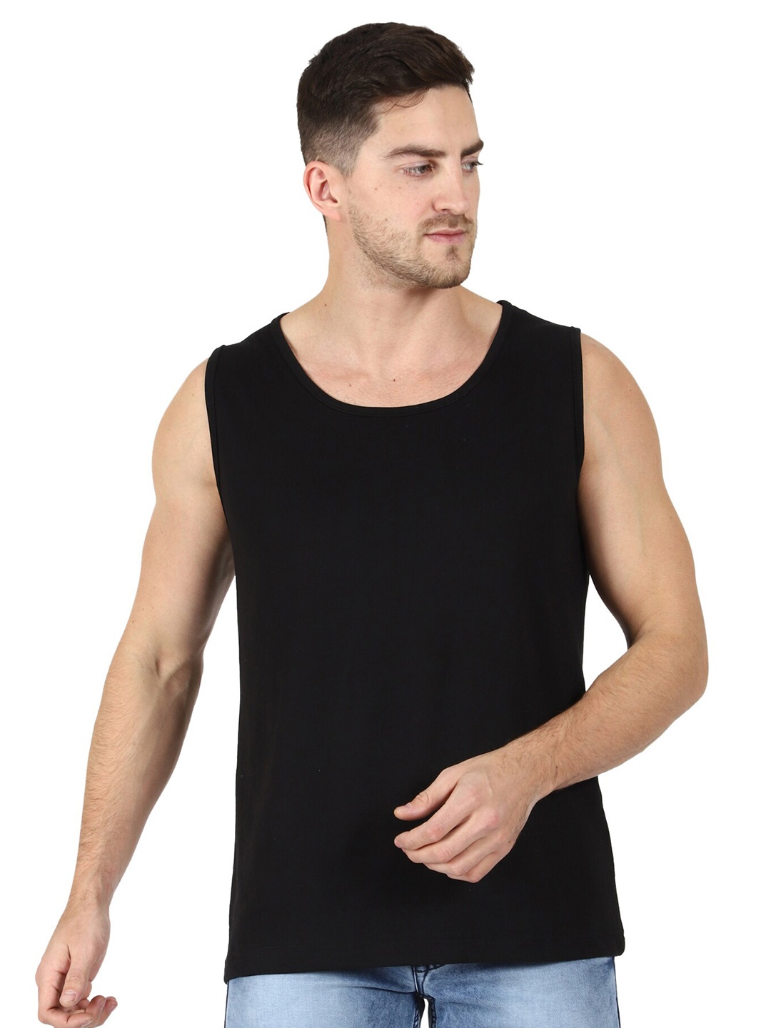 T-SHIRT TRUCK Round Neck Sleeveless Cotton T-shirt, Black