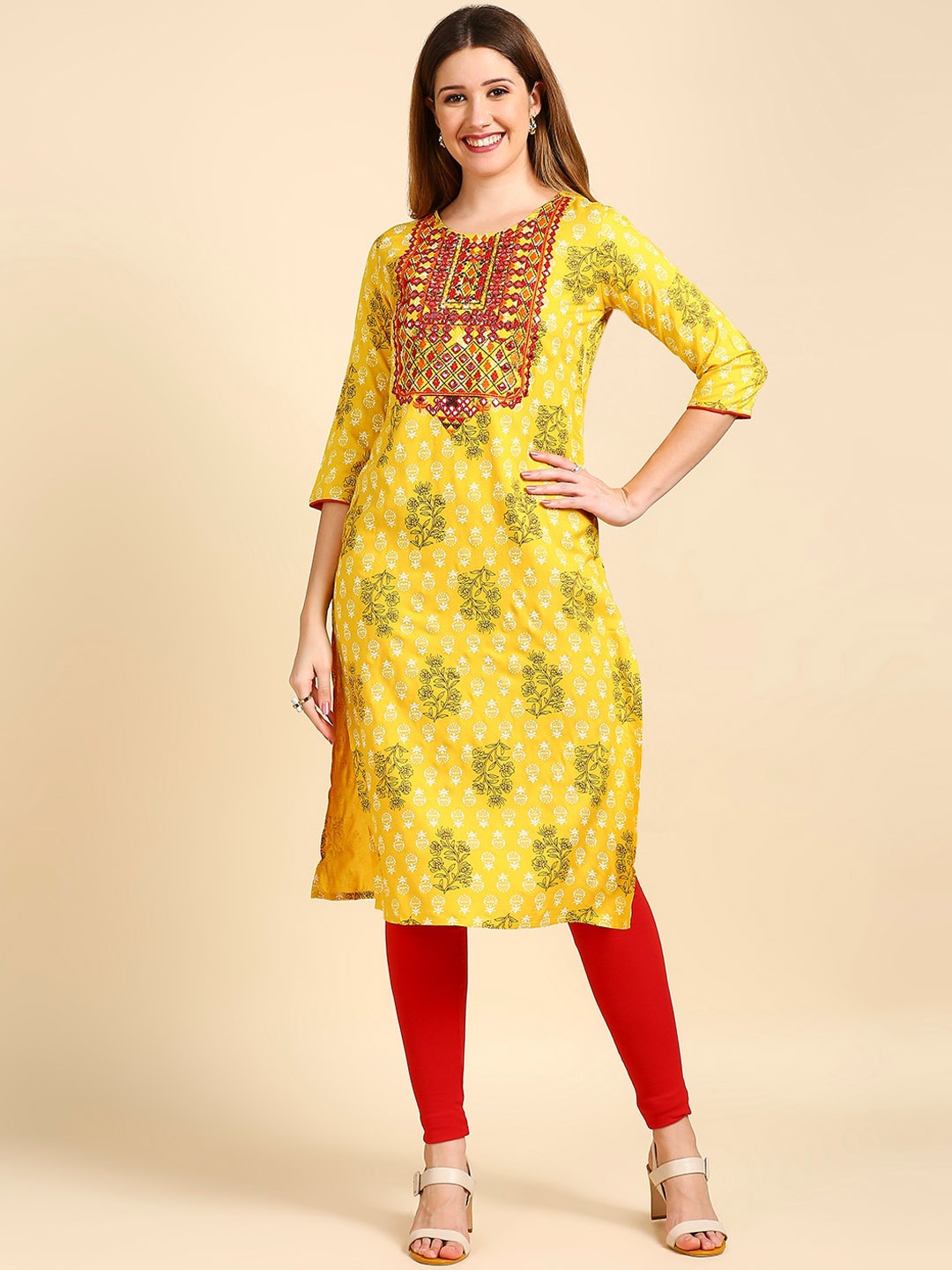 

Anubhutee Floral Printed Mirror Work Kurta, Yellow