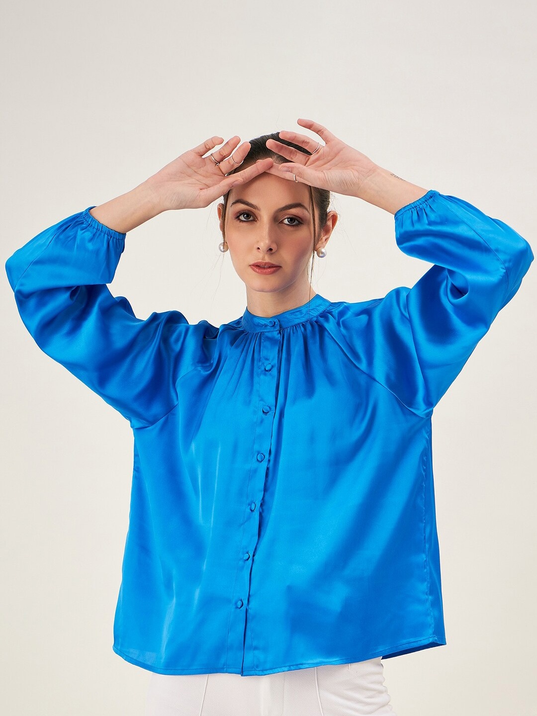 

JUNE & HARRY Mandarin Collar Satin Shirt Style Top, Blue