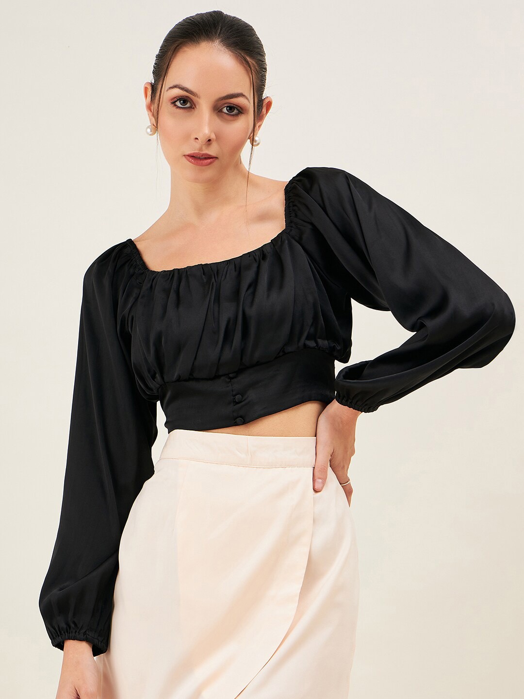 

JUNE & HARRY Puff Sleeve Satin Blouson Crop Top, Black