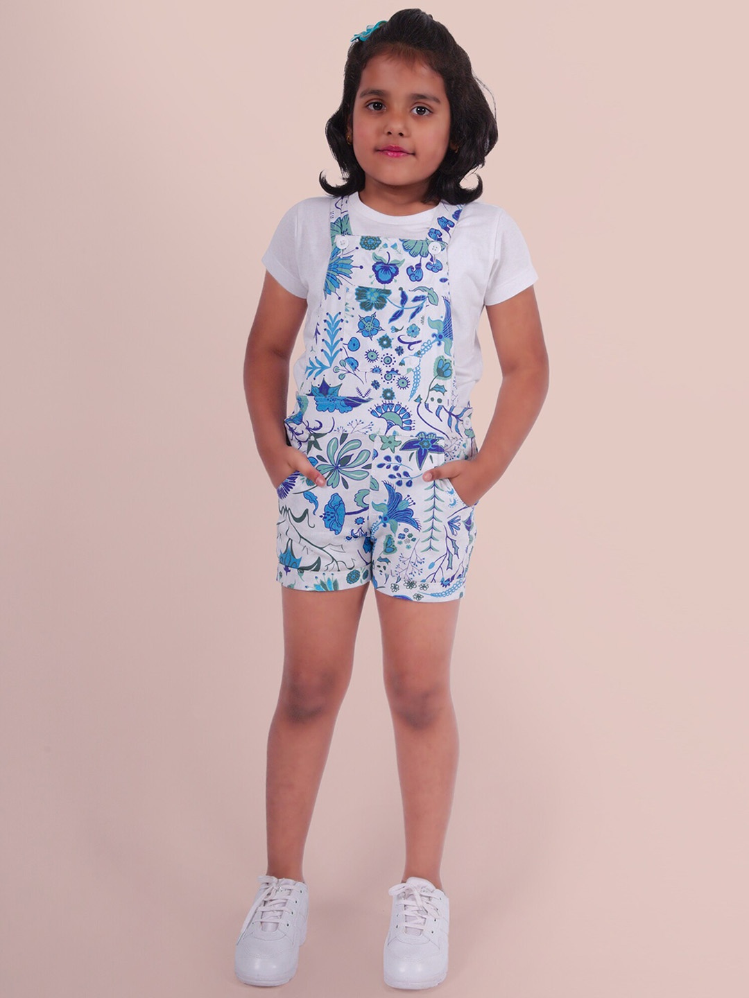 

Little Carrot Girls Printed Cotton Dungarees With T-Shirt, Blue