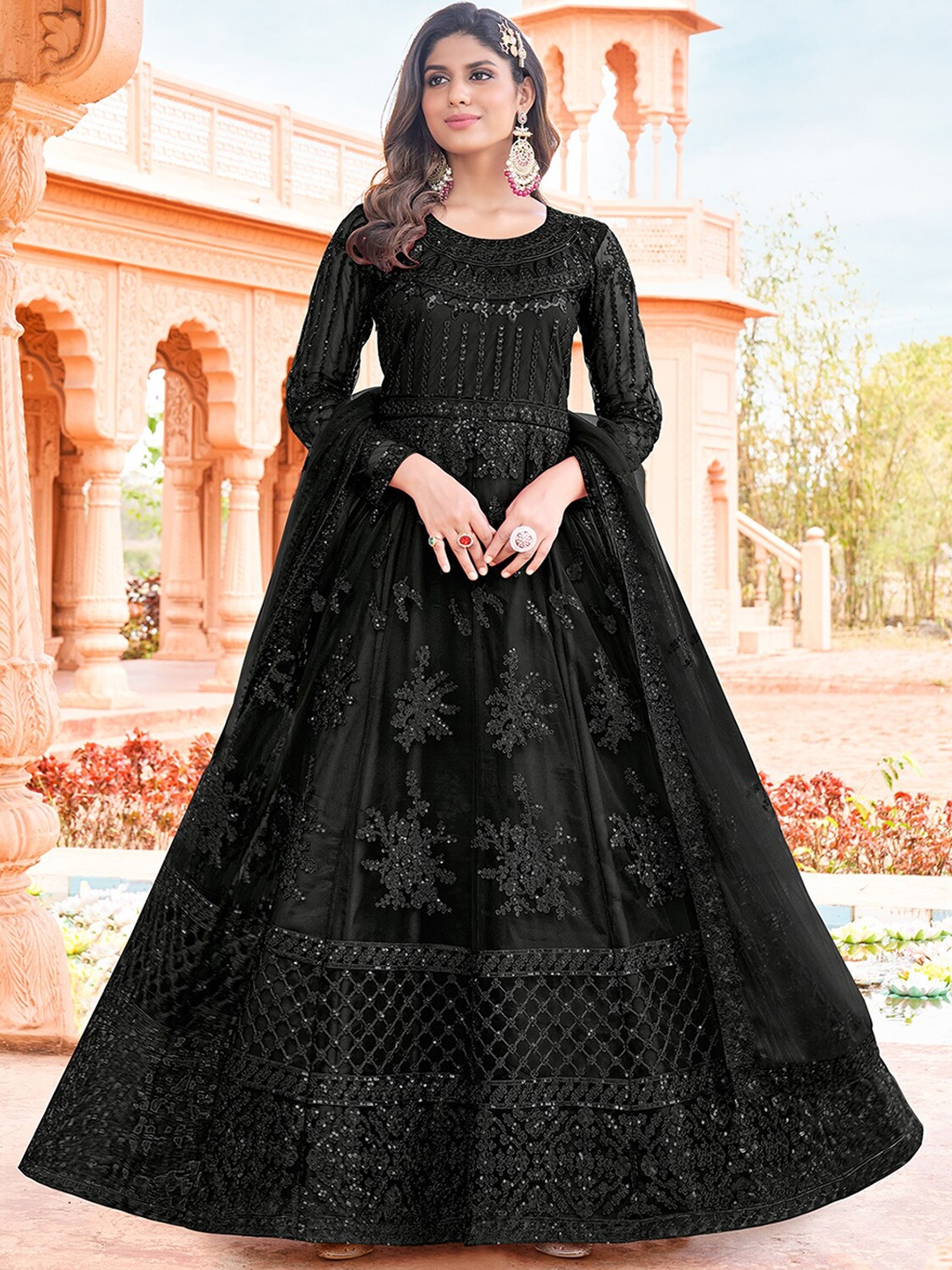 

ODETTE Ethnic Motif Embroidered Sequinned Anarakali Kurta With Trousers & Dupatta, Black